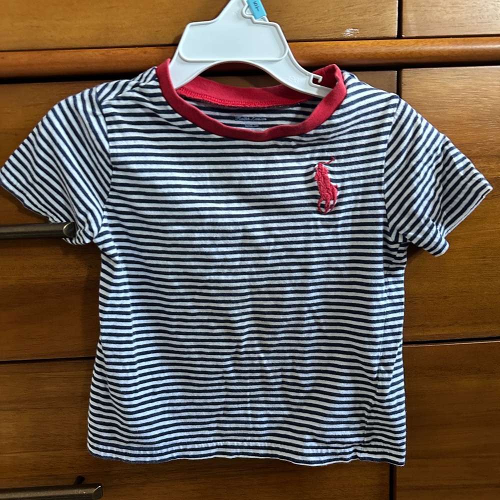 Ralph Lauren Kids Navy and White Striped Tee with Red Trim, size 24 mos